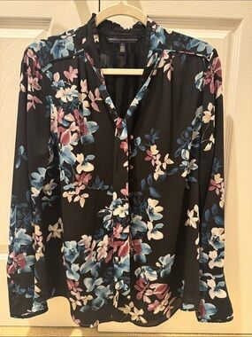 White House Black Market Black Floral Tie-Neck Blouse with Blue & Pink Blooms